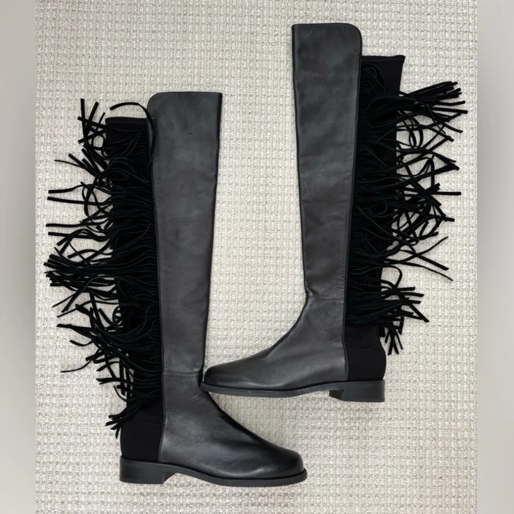 Stuart Weitzman Mane 5050 OTK Black Leather Boots NWOT Western Inspired Fringe 7